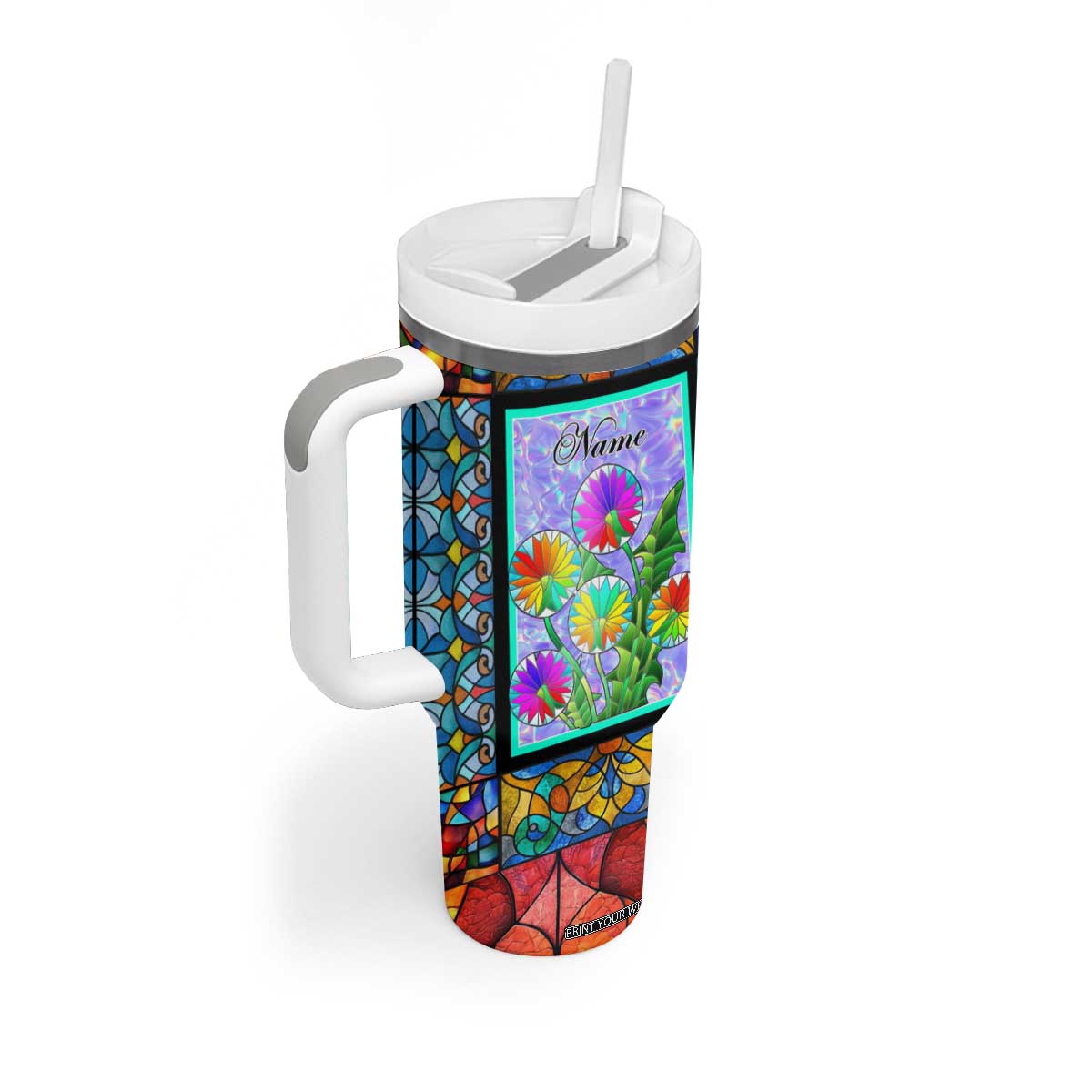 Personalized Christian Faith Stained Glass Printing Tumbler With Handle Custom Name Be Still And Know That I Am God Dandelion Taraxacum Flower TB02 Print Your Wear