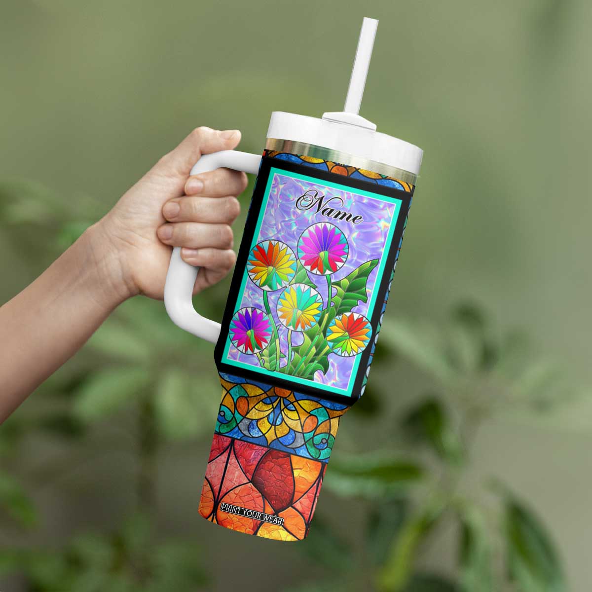 Personalized Christian Faith Stained Glass Printing Tumbler With Handle Custom Name Be Still And Know That I Am God Dandelion Taraxacum Flower TB02 Print Your Wear