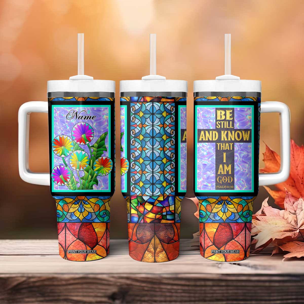 Personalized Christian Faith Stained Glass Printing Tumbler With Handle Custom Name Be Still And Know That I Am God Dandelion Taraxacum Flower TB02 Print Your Wear