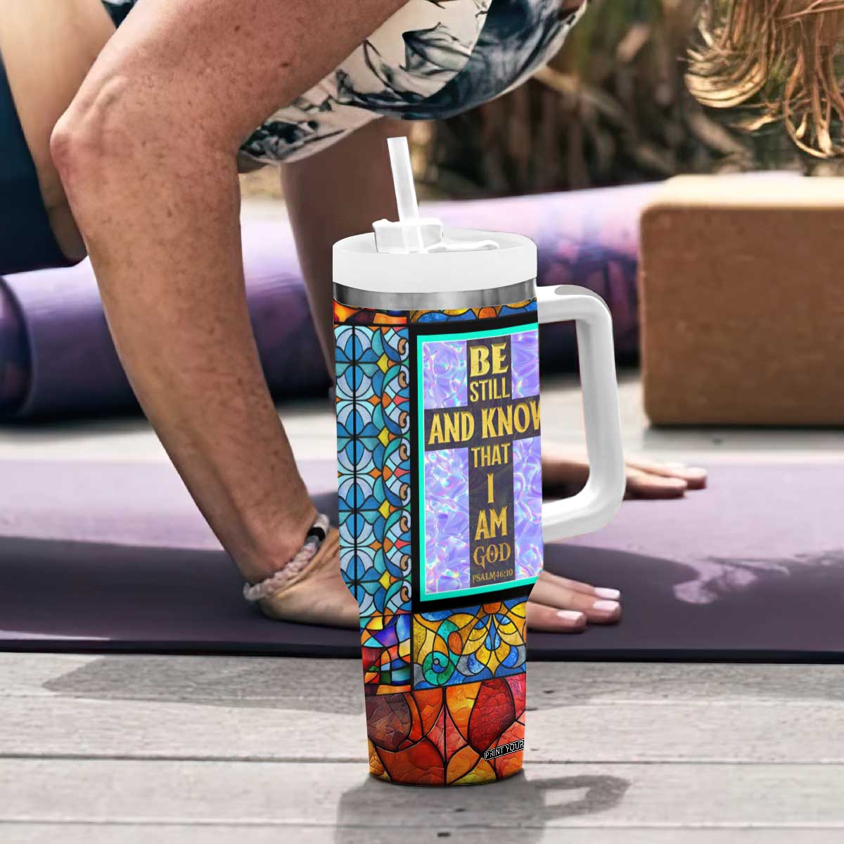 Personalized Christian Faith Stained Glass Printing Tumbler With Handle Custom Name Be Still And Know That I Am God Dandelion Taraxacum Flower TB02 Print Your Wear