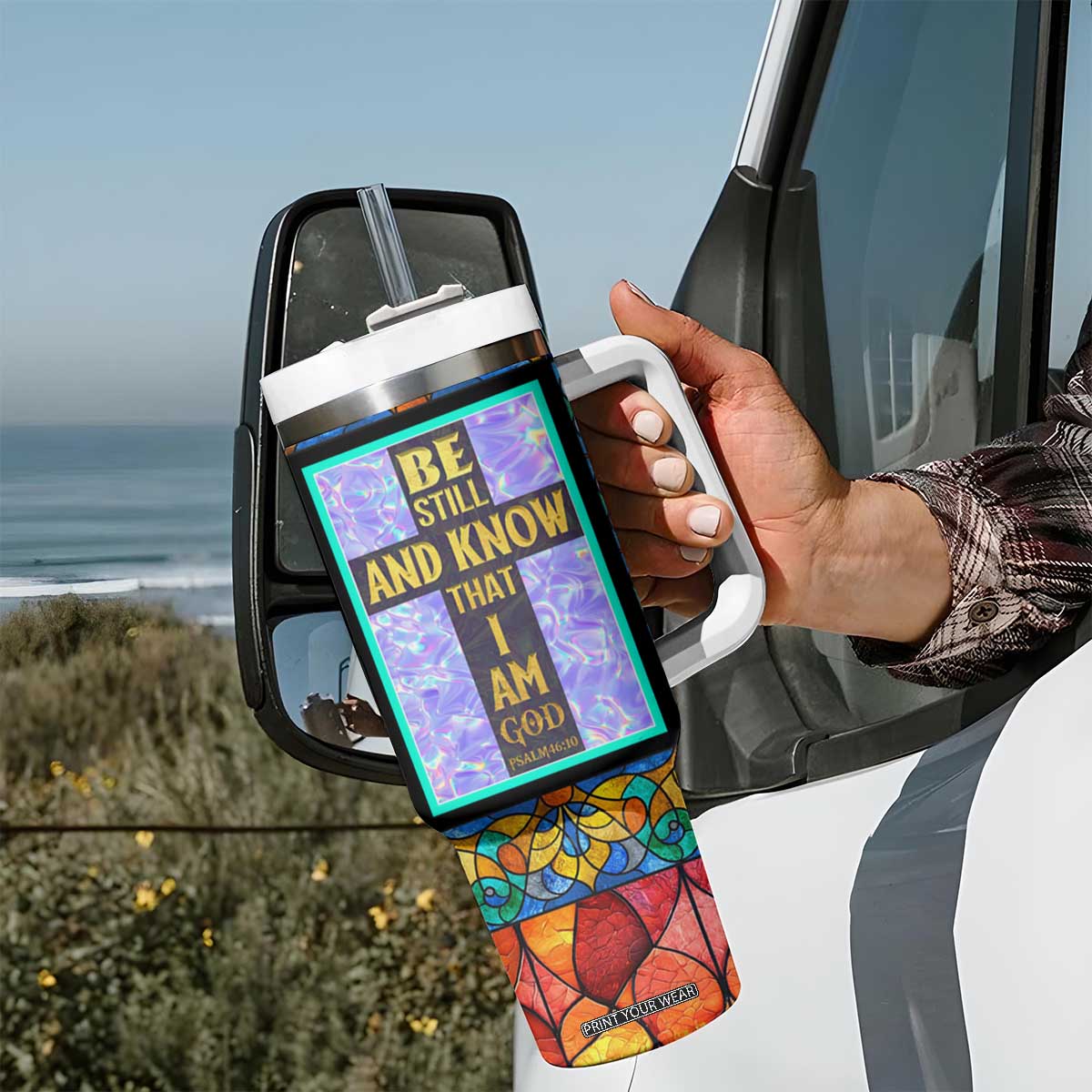 Personalized Christian Faith Stained Glass Printing Tumbler With Handle Custom Name Be Still And Know That I Am God Dandelion Taraxacum Flower TB02 Print Your Wear