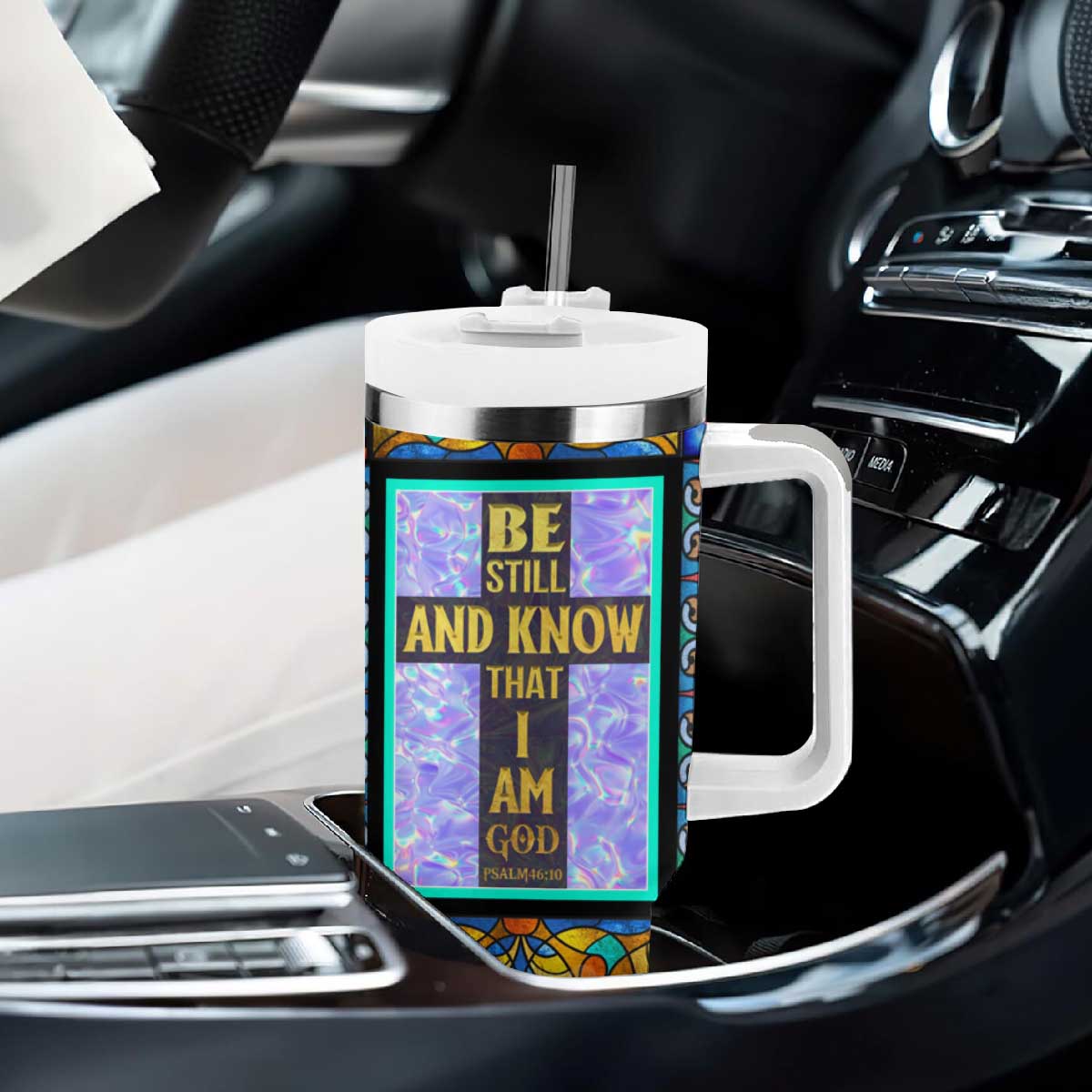 Personalized Christian Faith Stained Glass Printing Tumbler With Handle Custom Name Be Still And Know That I Am God Dandelion Taraxacum Flower TB02 Print Your Wear