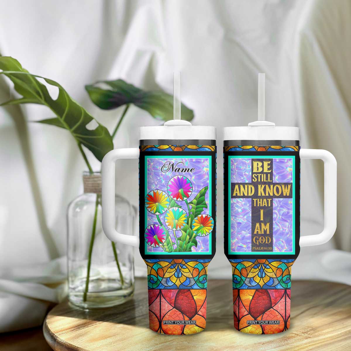 Personalized Christian Faith Stained Glass Printing Tumbler With Handle Custom Name Be Still And Know That I Am God Dandelion Taraxacum Flower TB02 Print Your Wear