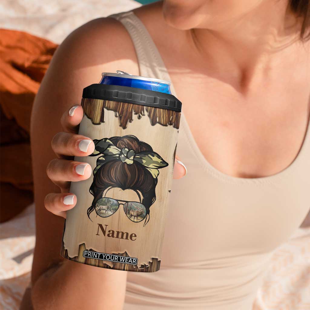 Personalized Deer Hunting Girl 4 in 1 Can Cooler Tumbler Custom Name I'd Rather Be Hunting Camouflage Messy Bun TB02 Print Your Wear