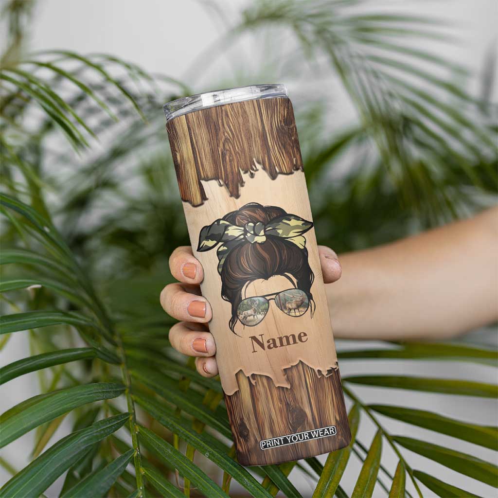 Personalized Deer Hunting Girl Skinny Tumbler Custom Name I'd Rather Be Hunting Camouflage Messy Bun TB02 Print Your Wear