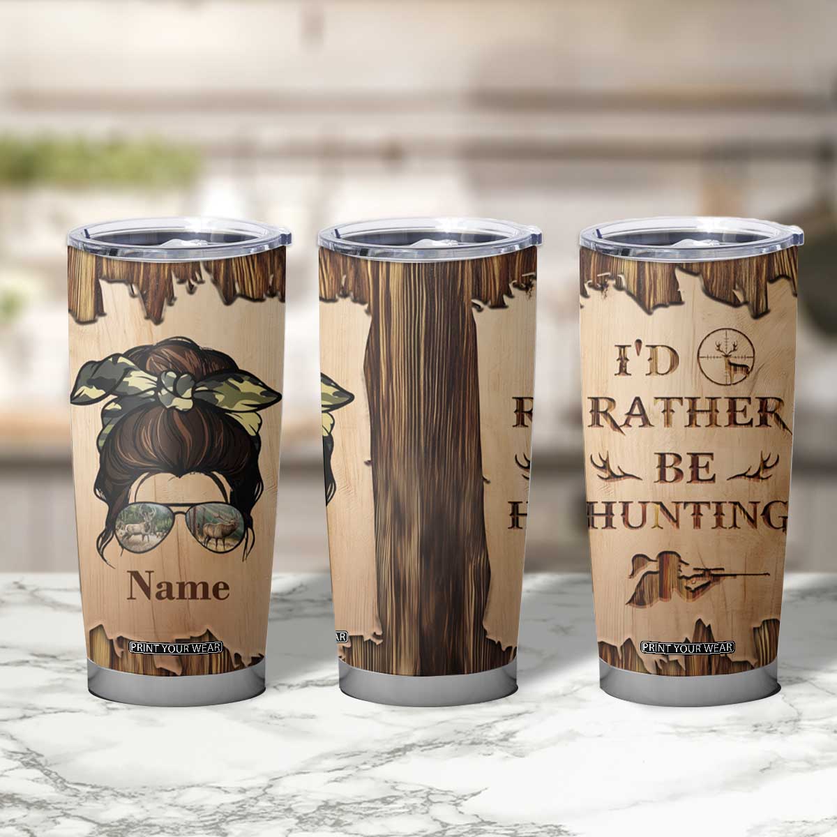 Personalized Deer Hunting Girl Tumbler Cup Custom Name I'd Rather Be Hunting Camouflage Messy Bun TB02 Print Your Wear