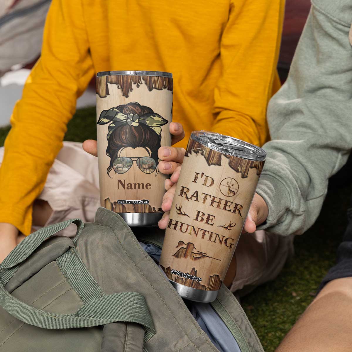 Personalized Deer Hunting Girl Tumbler Cup Custom Name I'd Rather Be Hunting Camouflage Messy Bun TB02 Print Your Wear