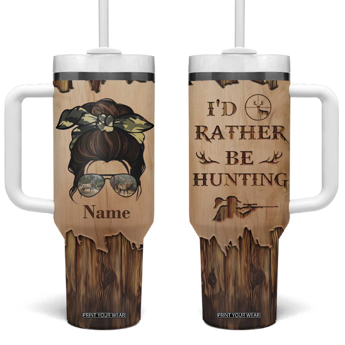 Personalized Deer Hunting Girl Tumbler With Handle Custom Name I'd Rather Be Hunting Camouflage Messy Bun TB02 One Size: 40 oz Wood Print Your Wear