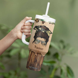Personalized Deer Hunting Girl Tumbler With Handle Custom Name I'd Rather Be Hunting Camouflage Messy Bun TB02 Print Your Wear