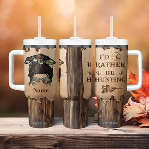 Personalized Deer Hunting Girl Tumbler With Handle Custom Name I'd Rather Be Hunting Camouflage Messy Bun TB02 Print Your Wear