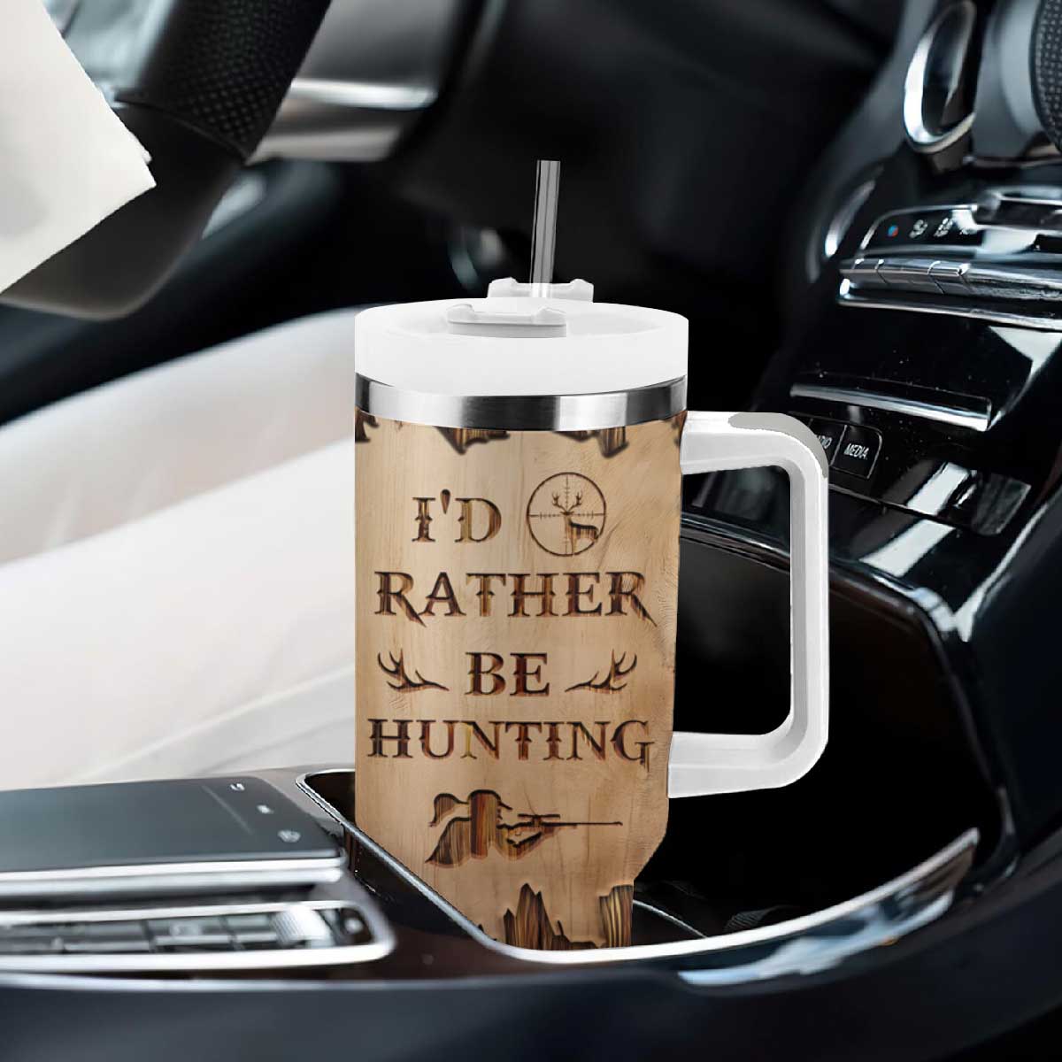 Personalized Deer Hunting Girl Tumbler With Handle Custom Name I'd Rather Be Hunting Camouflage Messy Bun TB02 Print Your Wear
