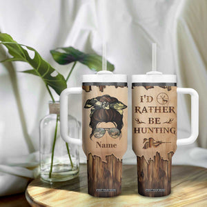 Personalized Deer Hunting Girl Tumbler With Handle Custom Name I'd Rather Be Hunting Camouflage Messy Bun TB02 Print Your Wear
