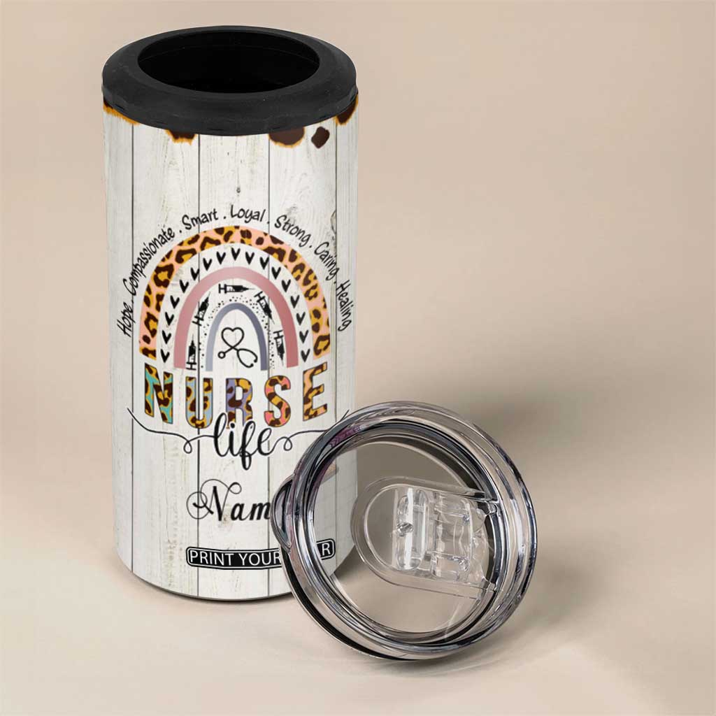 Personalized Funny Nurse Life 4 in 1 Can Cooler Tumbler Custom Name Badass Life Saver Appreciation Leopard Rainbow TB02 Print Your Wear