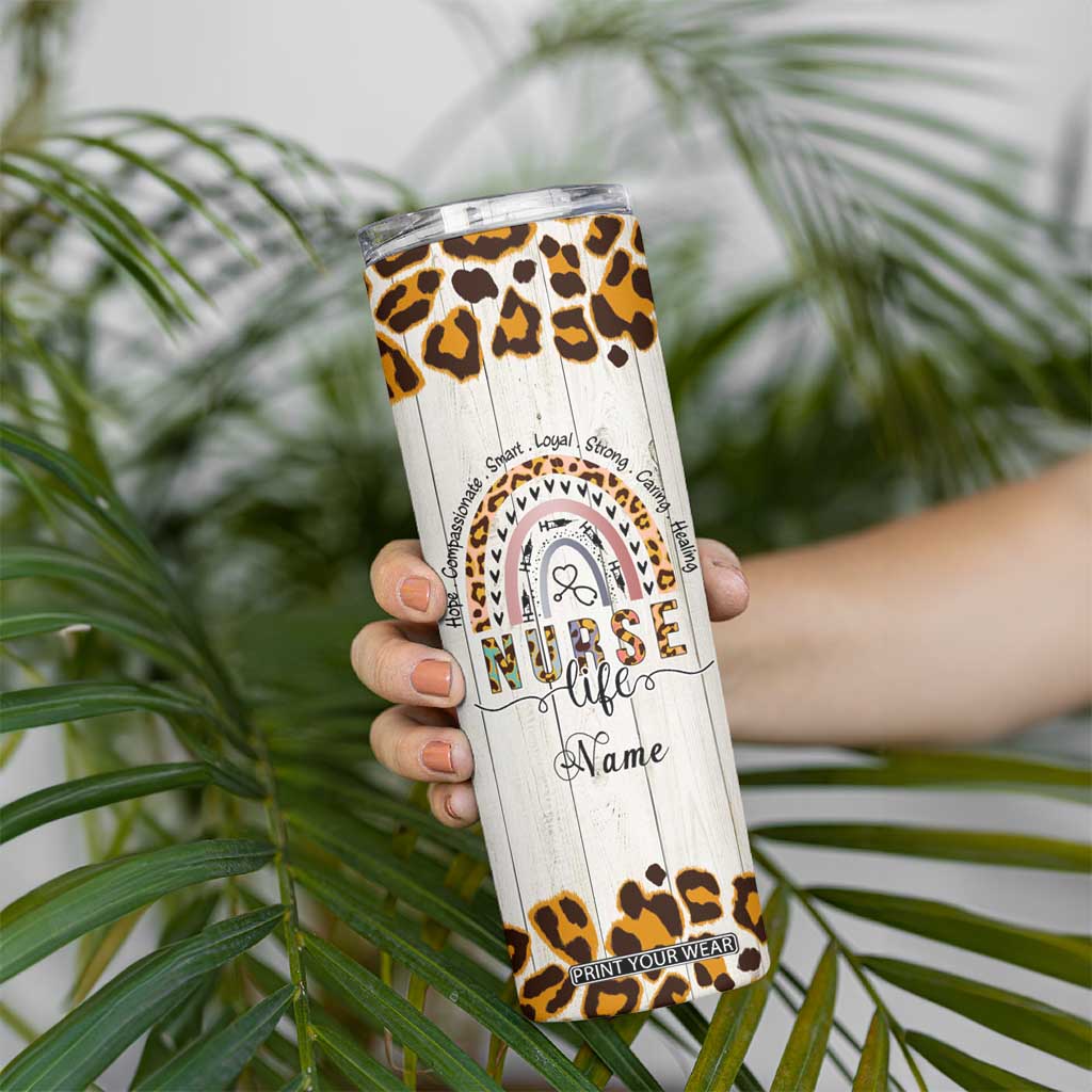 Personalized Funny Nurse Life Skinny Tumbler Custom Name Badass Life Saver Appreciation Leopard Rainbow TB02 Print Your Wear