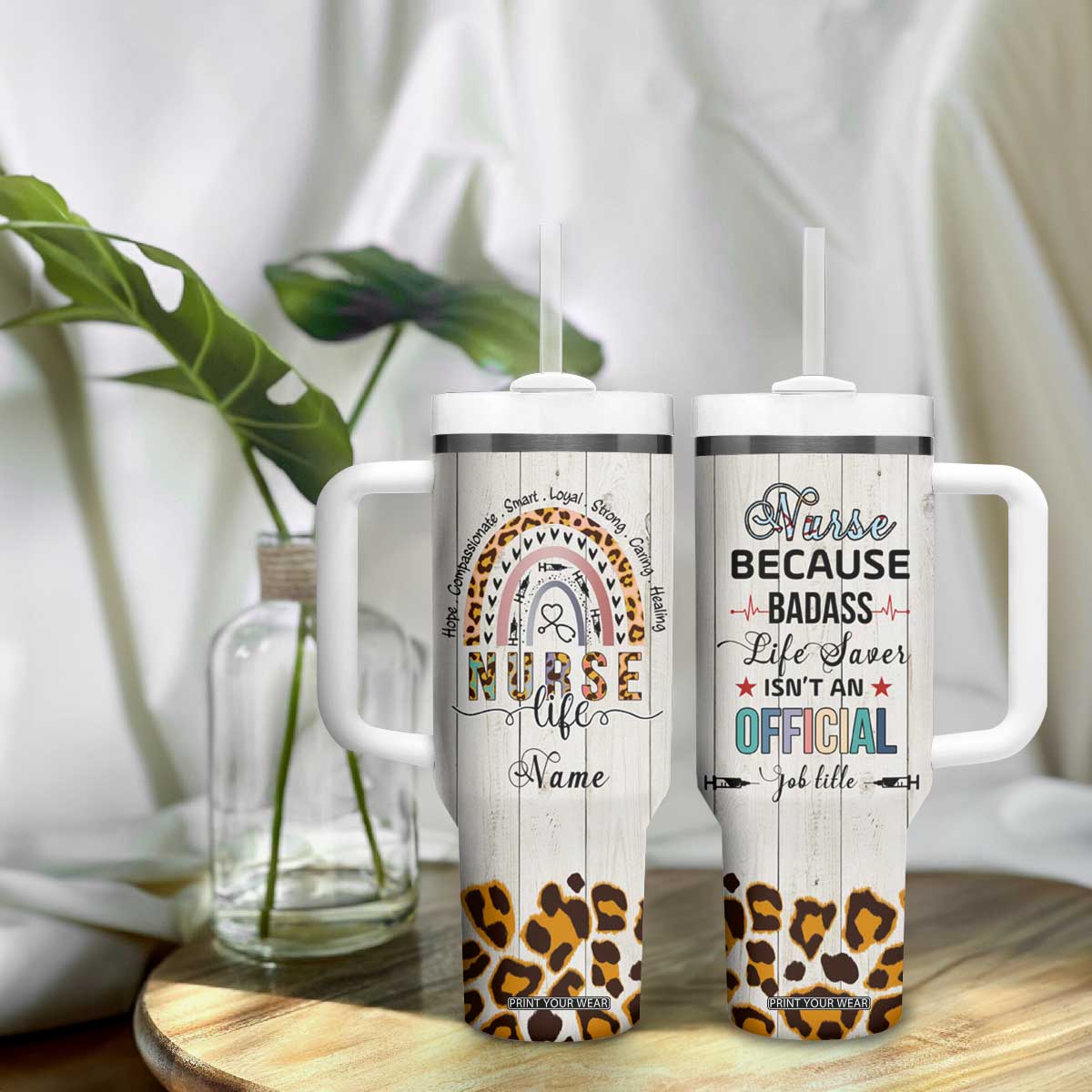 Personalized Funny Nurse Life Tumbler With Handle Custom Name Badass Life Saver Appreciation Leopard Rainbow TB02 Print Your Wear