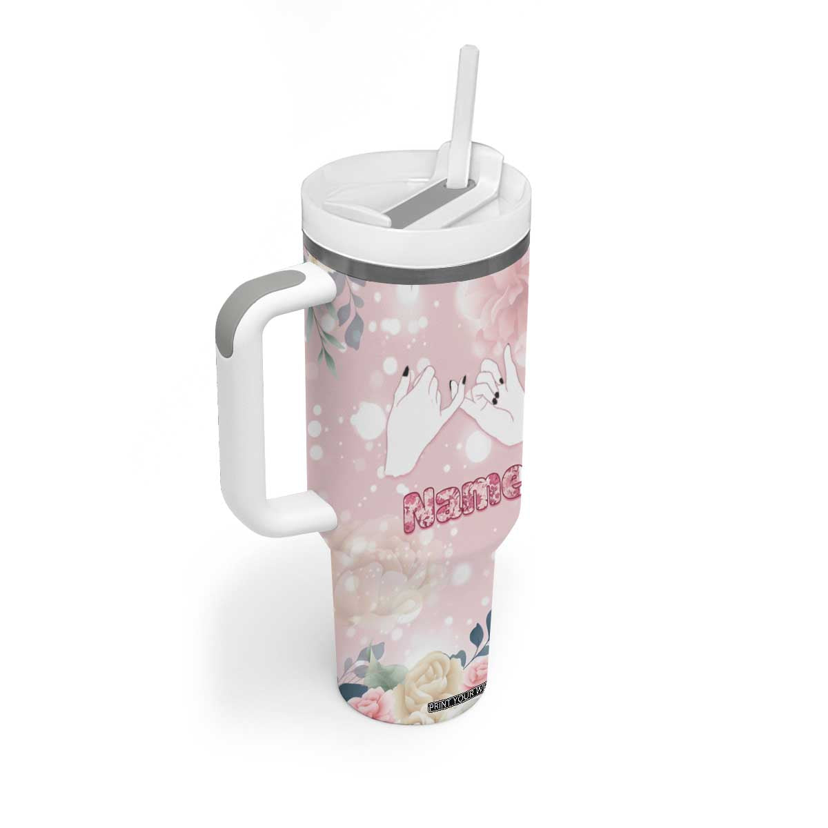 Personalized Sisterhood Floral Pink Tumbler With Handle Custom Name Sisters Are Always Close At Heart TB02 Print Your Wear