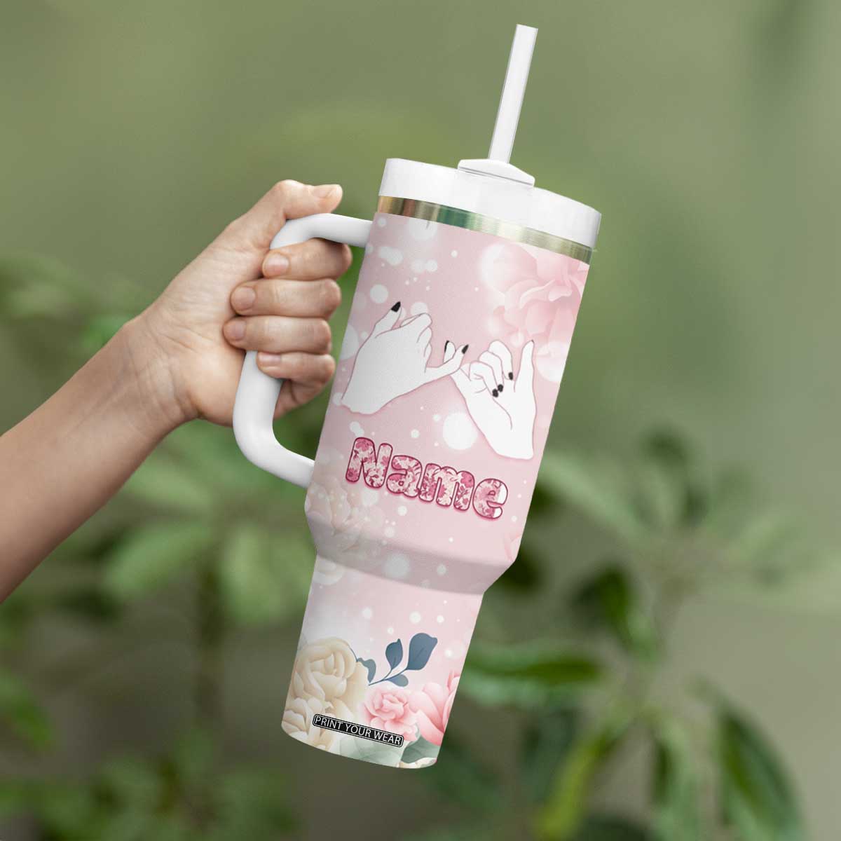 Personalized Sisterhood Floral Pink Tumbler With Handle Custom Name Sisters Are Always Close At Heart TB02 Print Your Wear