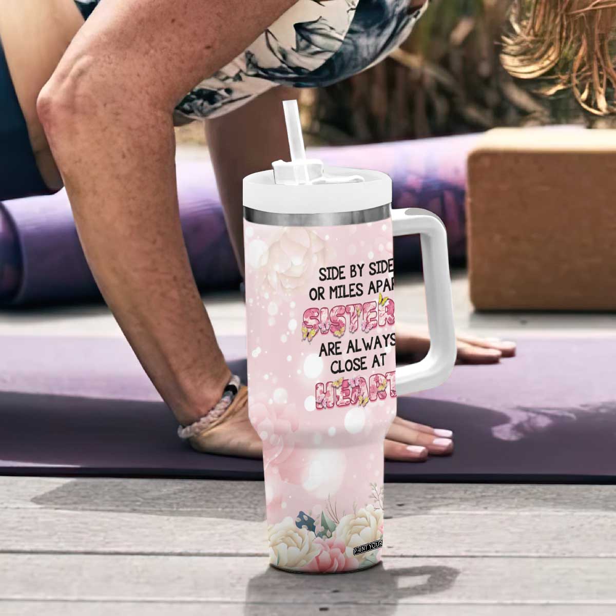 Personalized Sisterhood Floral Pink Tumbler With Handle Custom Name Sisters Are Always Close At Heart TB02 Print Your Wear