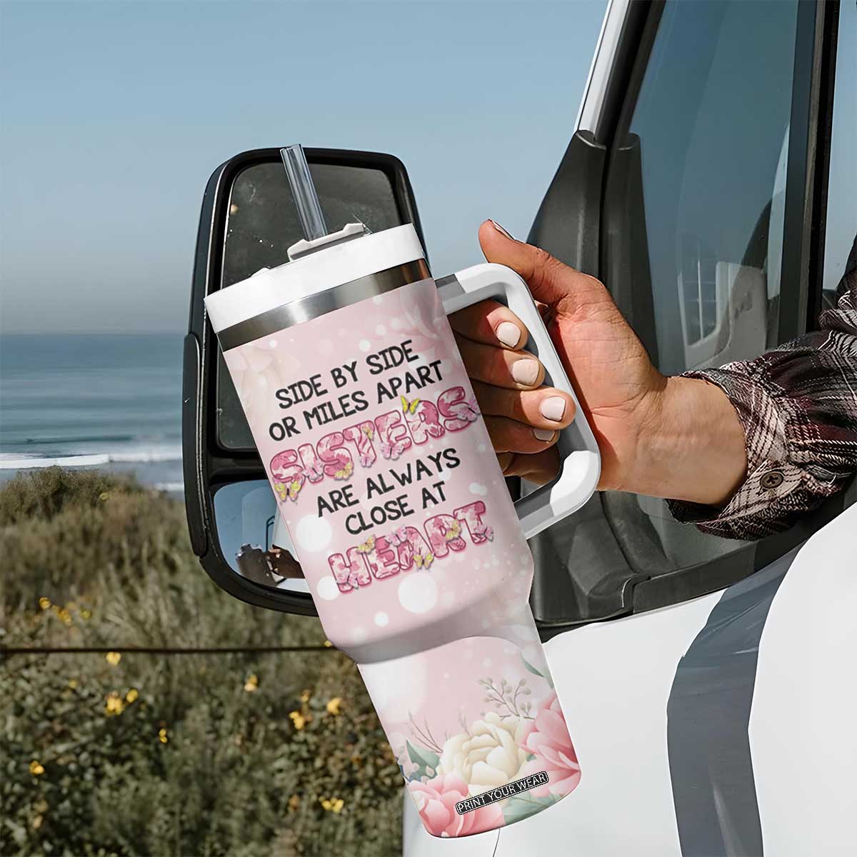 Personalized Sisterhood Floral Pink Tumbler With Handle Custom Name Sisters Are Always Close At Heart TB02 Print Your Wear