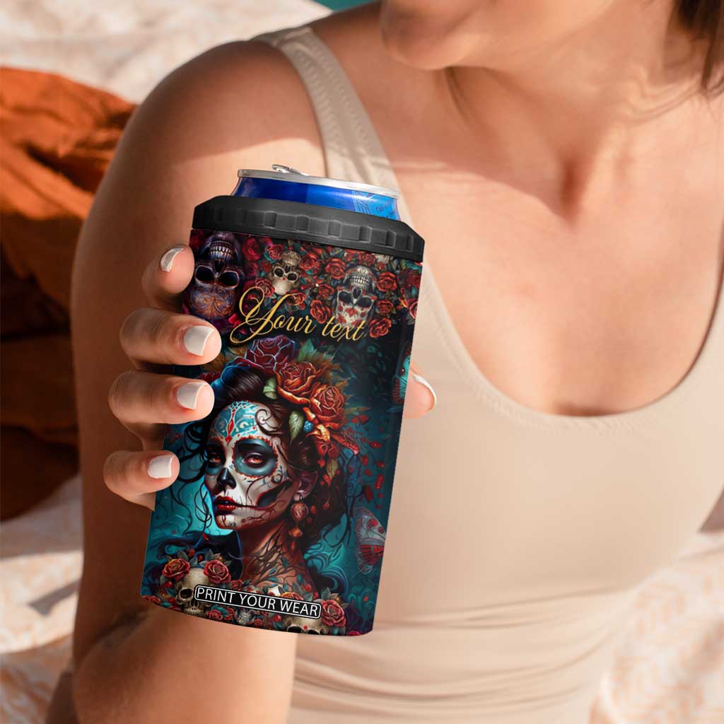 Personalized La Catrina Sugar Skull 4 in 1 Can Cooler Tumbler Custom Name Day of the Dead Skull Roses Gothic Aesthetic TB02 Print Your Wear