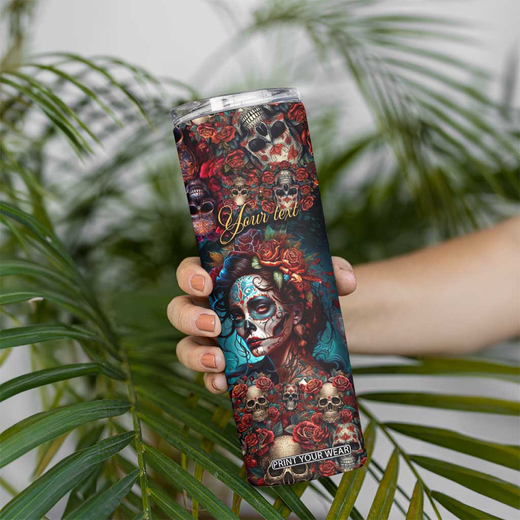 Personalized La Catrina Sugar Skull Skinny Tumbler Custom Name Day of the Dead Skull Roses Gothic Aesthetic TB02 Print Your Wear