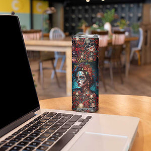 Personalized La Catrina Sugar Skull Skinny Tumbler Custom Name Day of the Dead Skull Roses Gothic Aesthetic TB02 Print Your Wear