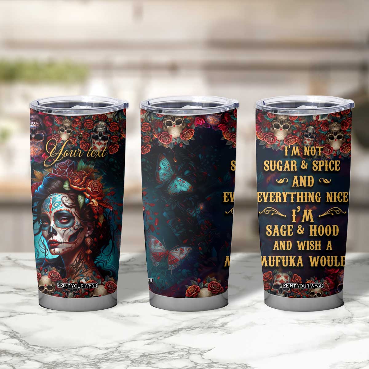 Personalized La Catrina Sugar Skull Tumbler Cup Custom Name Day of the Dead Skull Roses Gothic Aesthetic TB02 Print Your Wear