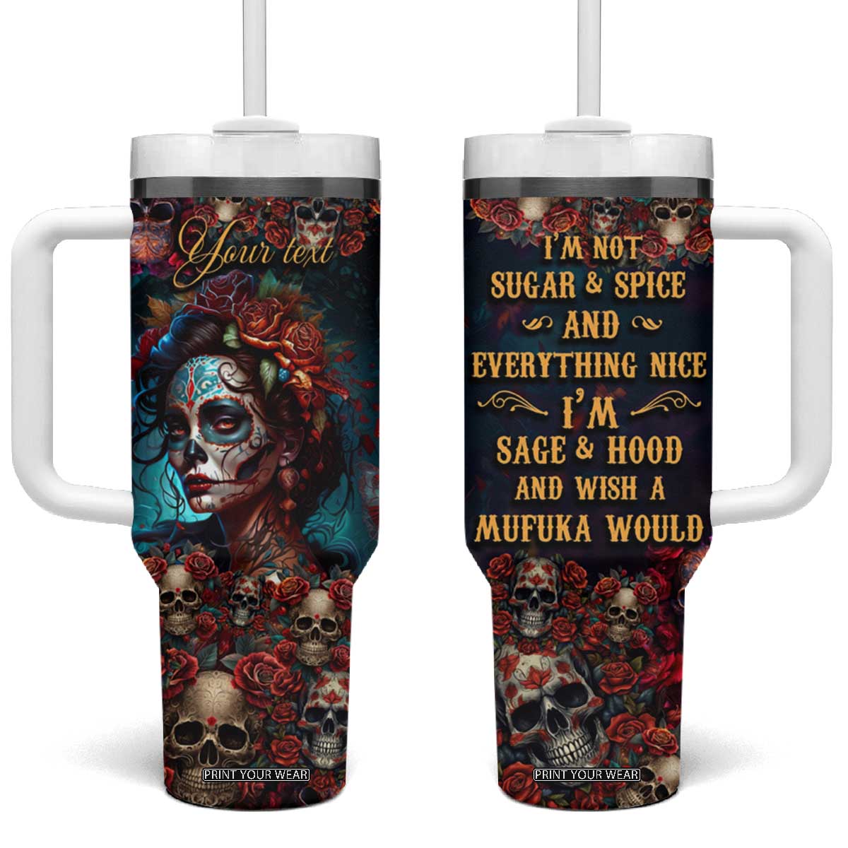 Personalized La Catrina Sugar Skull Tumbler With Handle Custom Name Day of the Dead Skull Roses Gothic Aesthetic TB02 One Size: 40 oz Black Print Your Wear