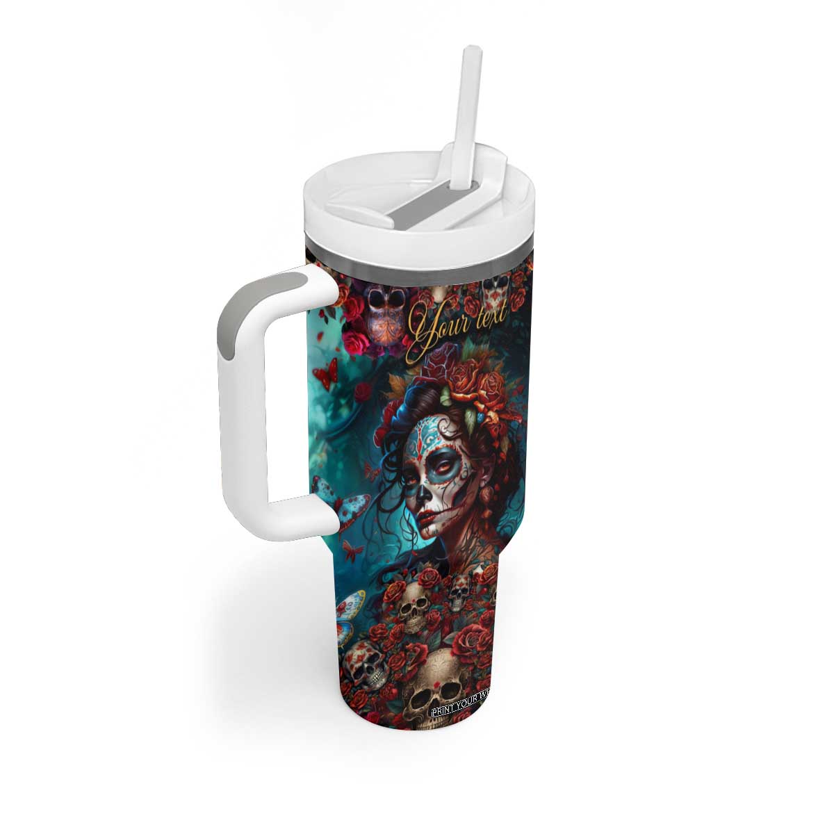 Personalized La Catrina Sugar Skull Tumbler With Handle Custom Name Day of the Dead Skull Roses Gothic Aesthetic TB02 Print Your Wear