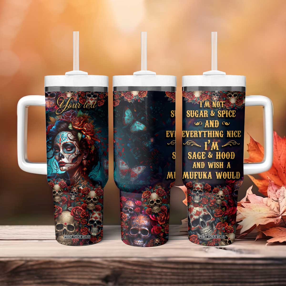 Personalized La Catrina Sugar Skull Tumbler With Handle Custom Name Day of the Dead Skull Roses Gothic Aesthetic TB02 Print Your Wear