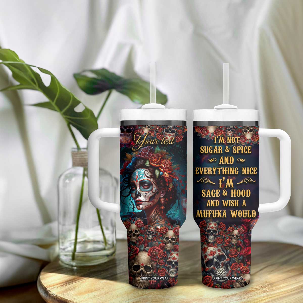 Personalized La Catrina Sugar Skull Tumbler With Handle Custom Name Day of the Dead Skull Roses Gothic Aesthetic TB02 Print Your Wear