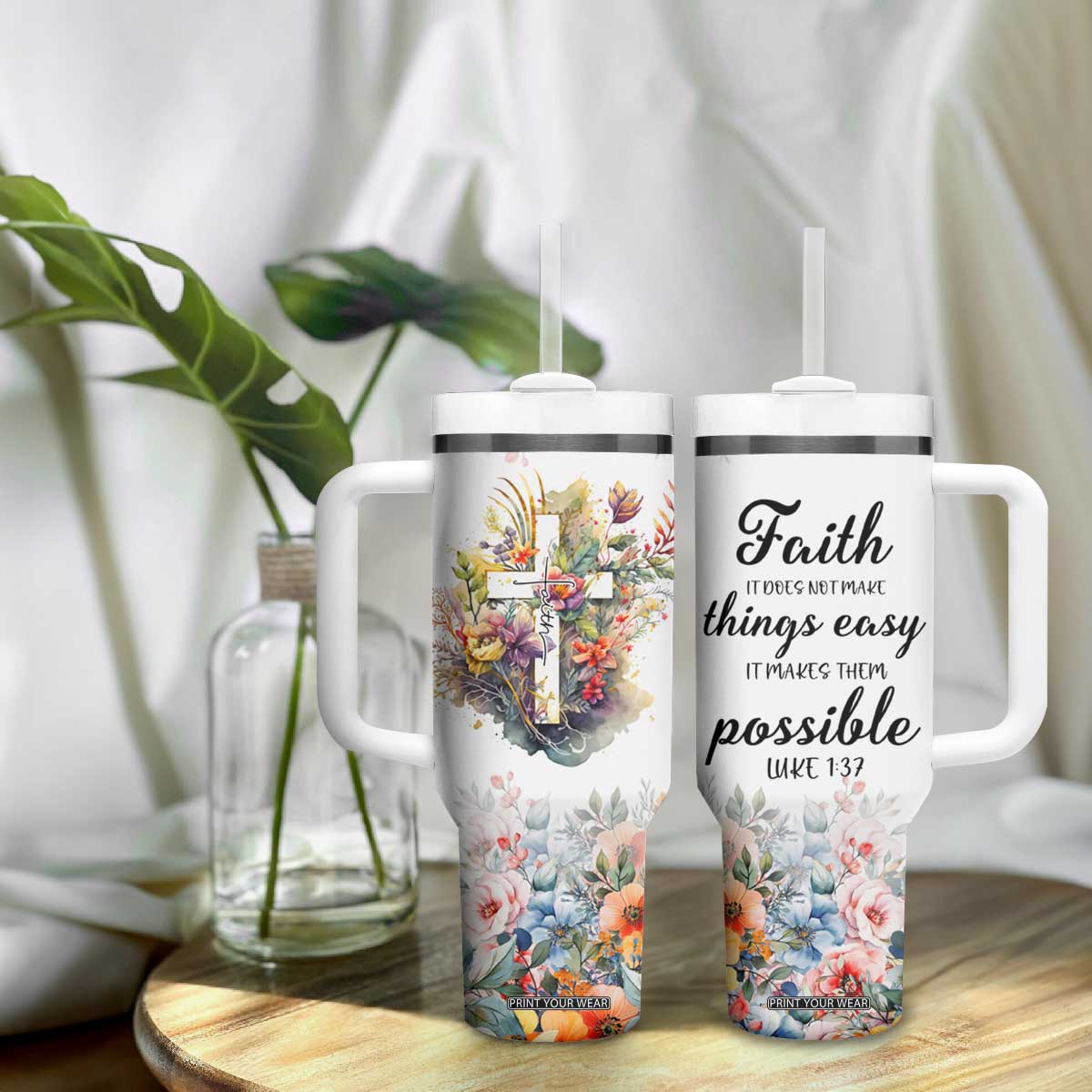 Christian Faith Floral Tumbler With Handle Bible Verse It Makes Them Possible Inspirational Religious Gifts TB02 Print Your Wear