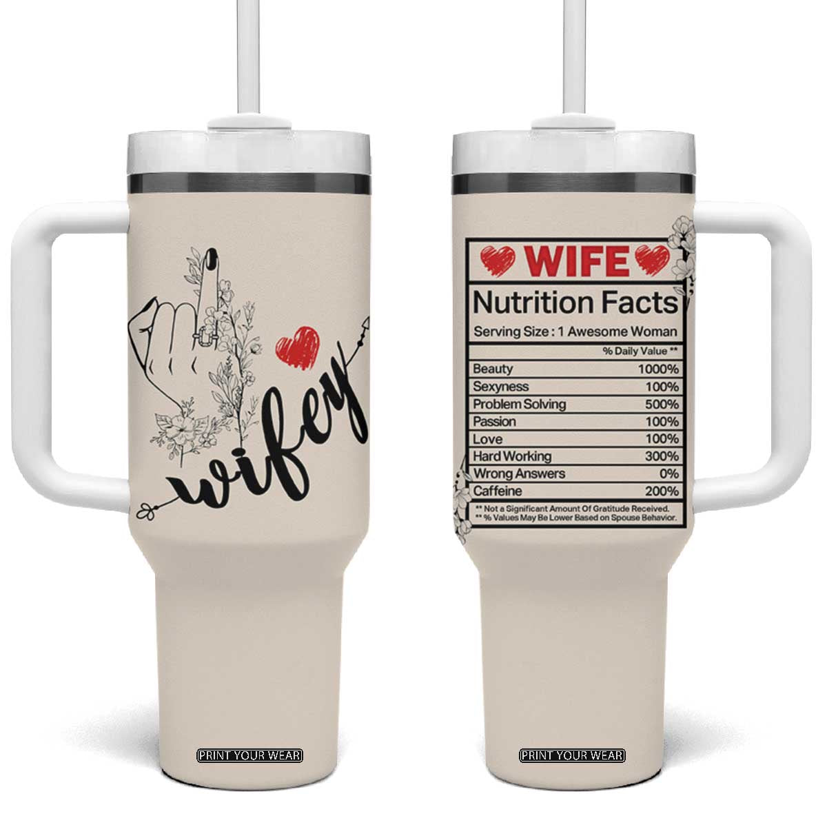Funny Wifey Tumbler With Handle Wife Nutrtion Facts Spouse Gift TB02 One Size: 40 oz Beige Print Your Wear