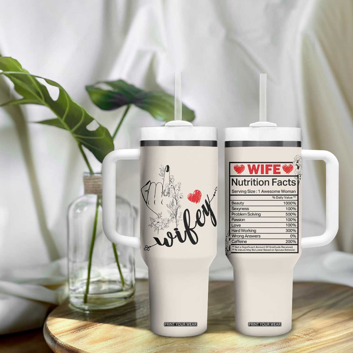 Funny Wifey Tumbler With Handle Wife Nutrtion Facts Spouse Gift TB02 Print Your Wear