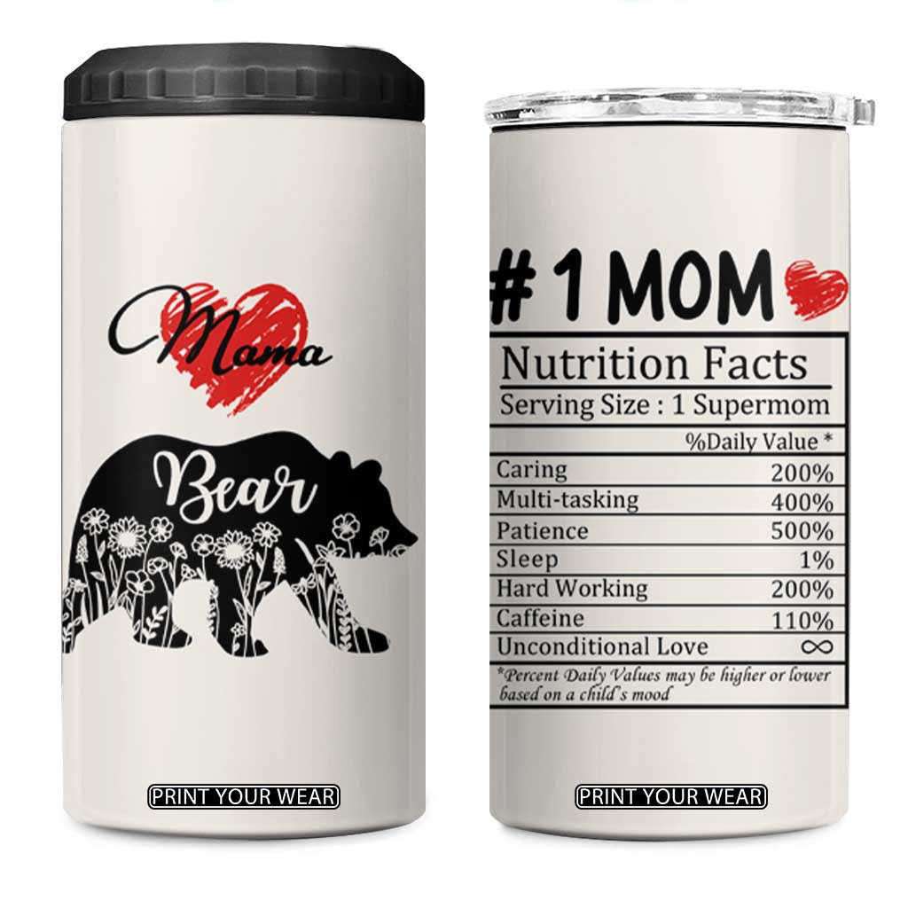 Mama Bear 4 in 1 Can Cooler Tumbler #1 Mom Nutrition Facts Floral Bear Mother’s Day Gift - PrintYourWear Size: One Size: 16 oz Color: Beige