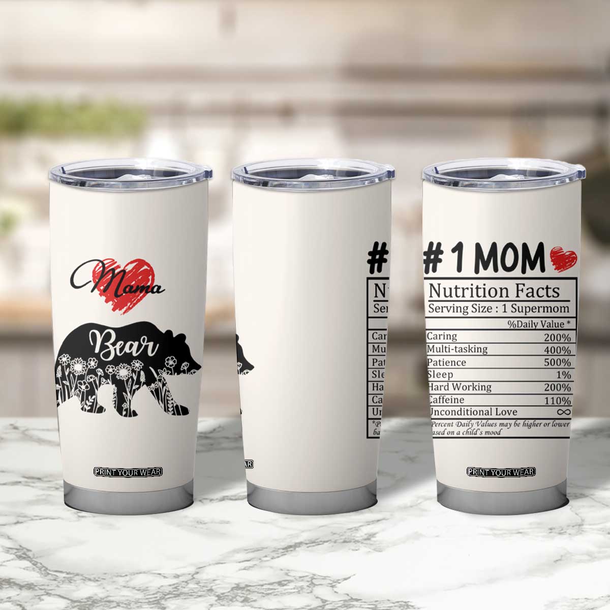 Mama Bear Tumbler Cup #1 Mom Nutrition Facts Floral Bear Mother’s Day Gift - PrintYourWear Size: 20oz Color: Beige