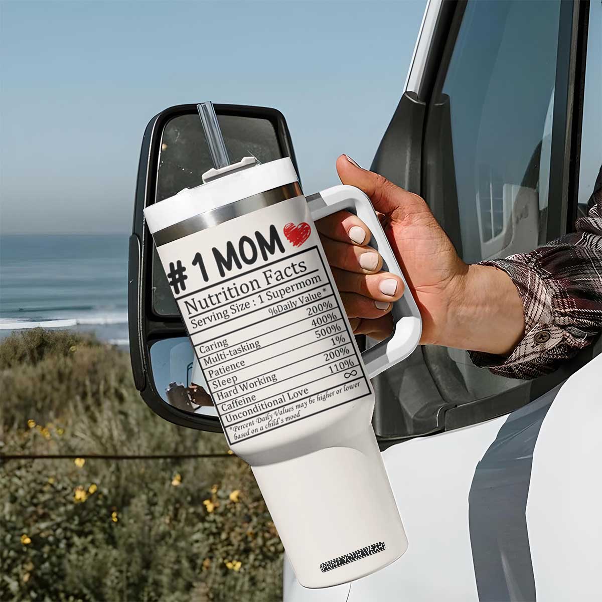 Mama Bear Tumbler With Handle #1 Mom Nutrition Facts Floral Bear Mother’s Day Gift - PrintYourWear Size: One Size: 40 oz Color: Beige