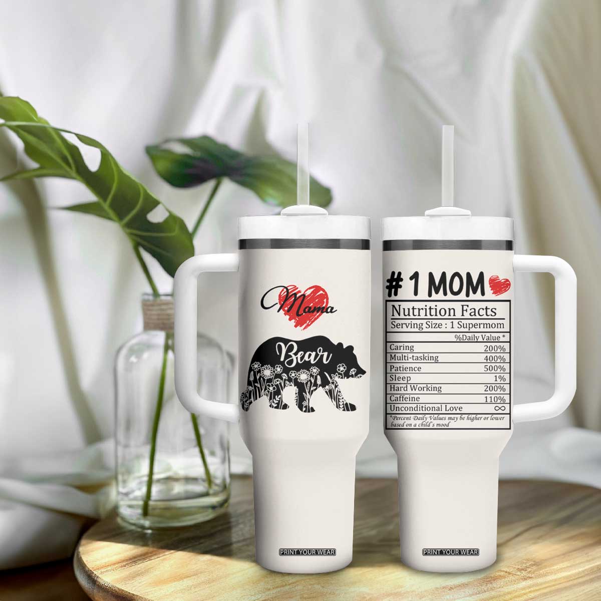 Mama Bear Tumbler With Handle #1 Mom Nutrition Facts Floral Bear Mother’s Day Gift - PrintYourWear Size: One Size: 40 oz Color: Beige