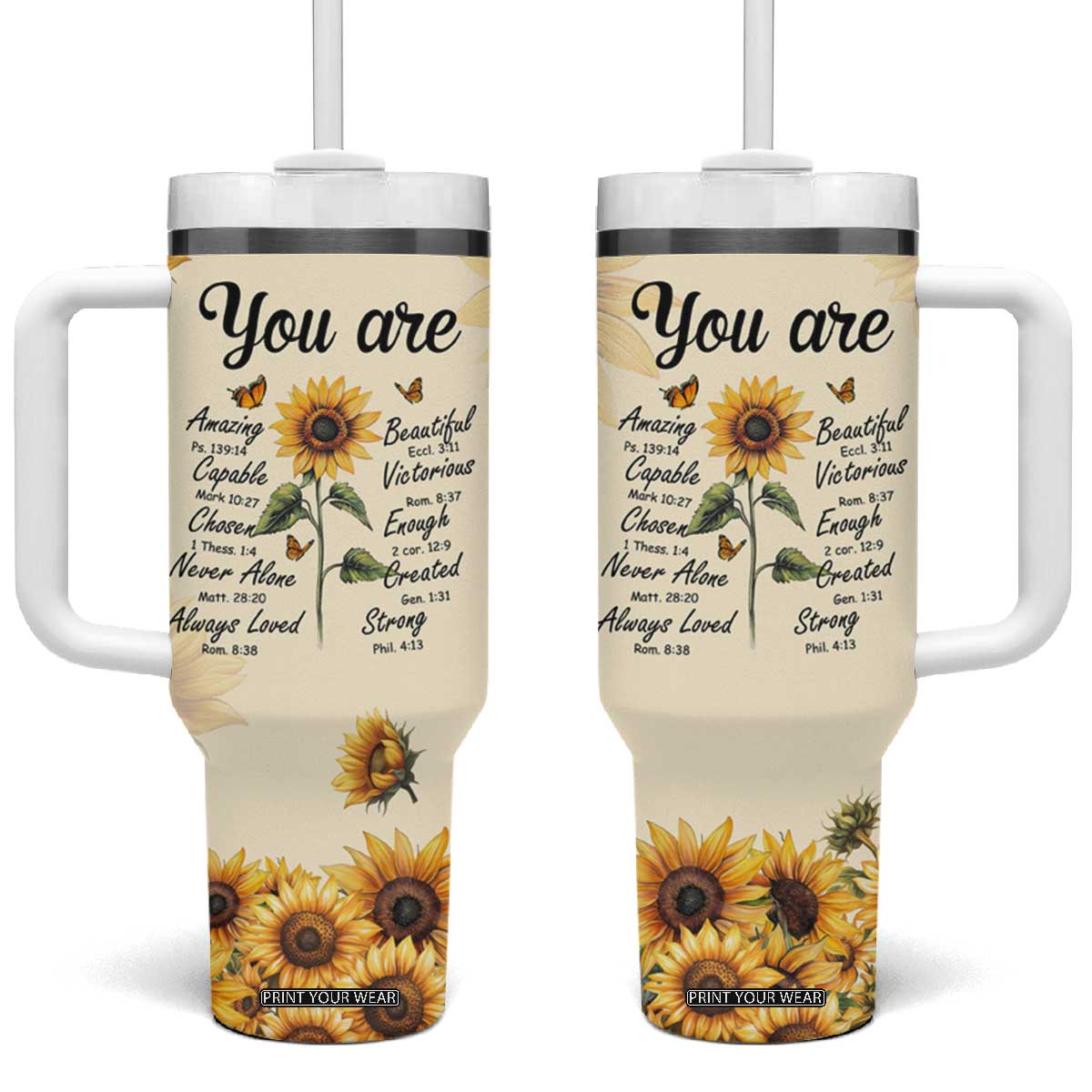 Inspirational Quotes Sunflower Tumbler With Handle Christian Faith Religious Encouragement Bible Verse TB02 One Size: 40 oz Butter Print Your Wear