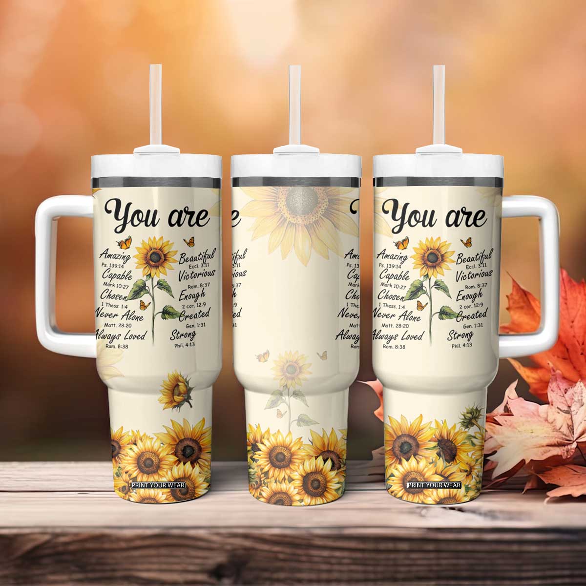 Inspirational Quotes Sunflower Tumbler With Handle Christian Faith Religious Encouragement Bible Verse TB02 Print Your Wear