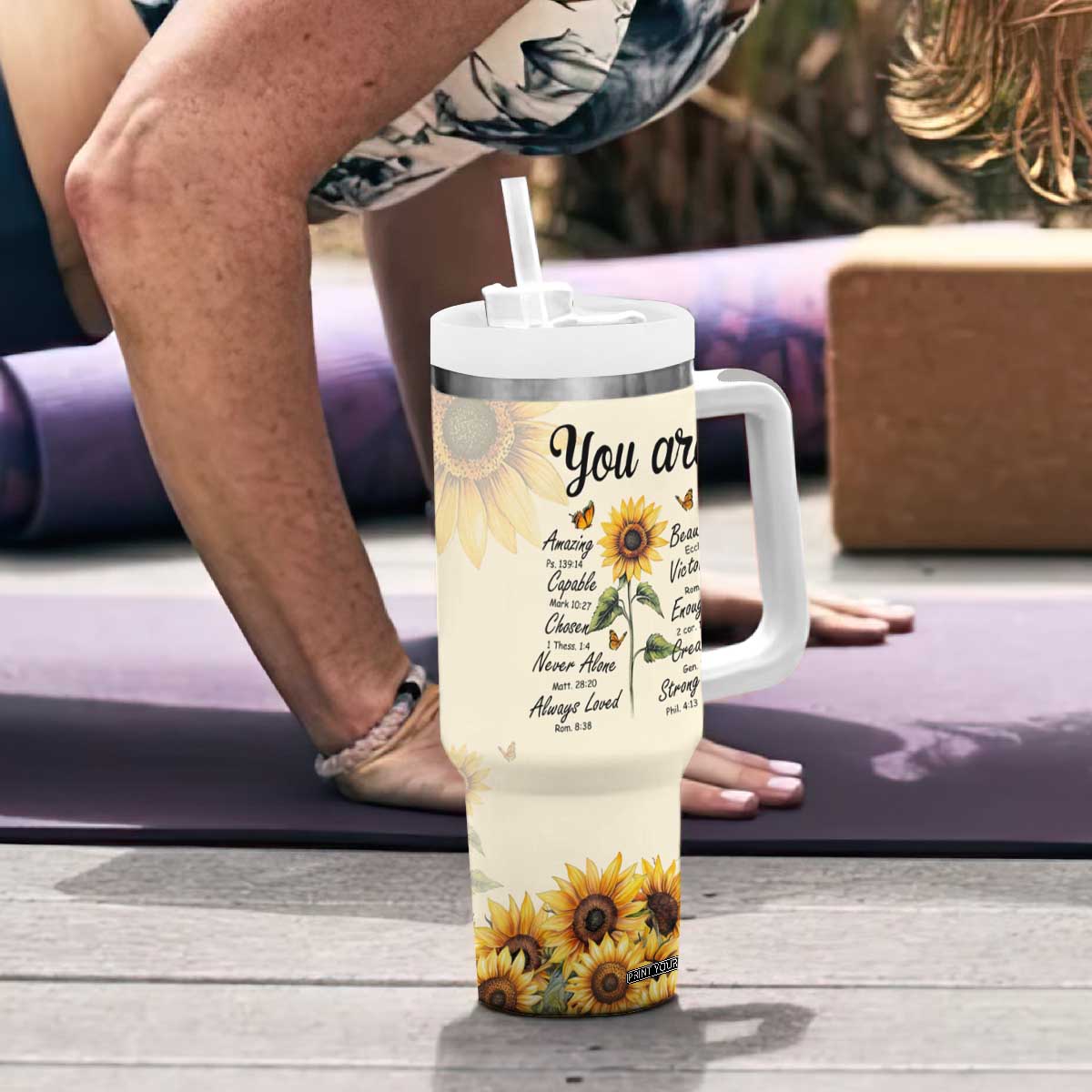 Inspirational Quotes Sunflower Tumbler With Handle Christian Faith Religious Encouragement Bible Verse TB02 Print Your Wear