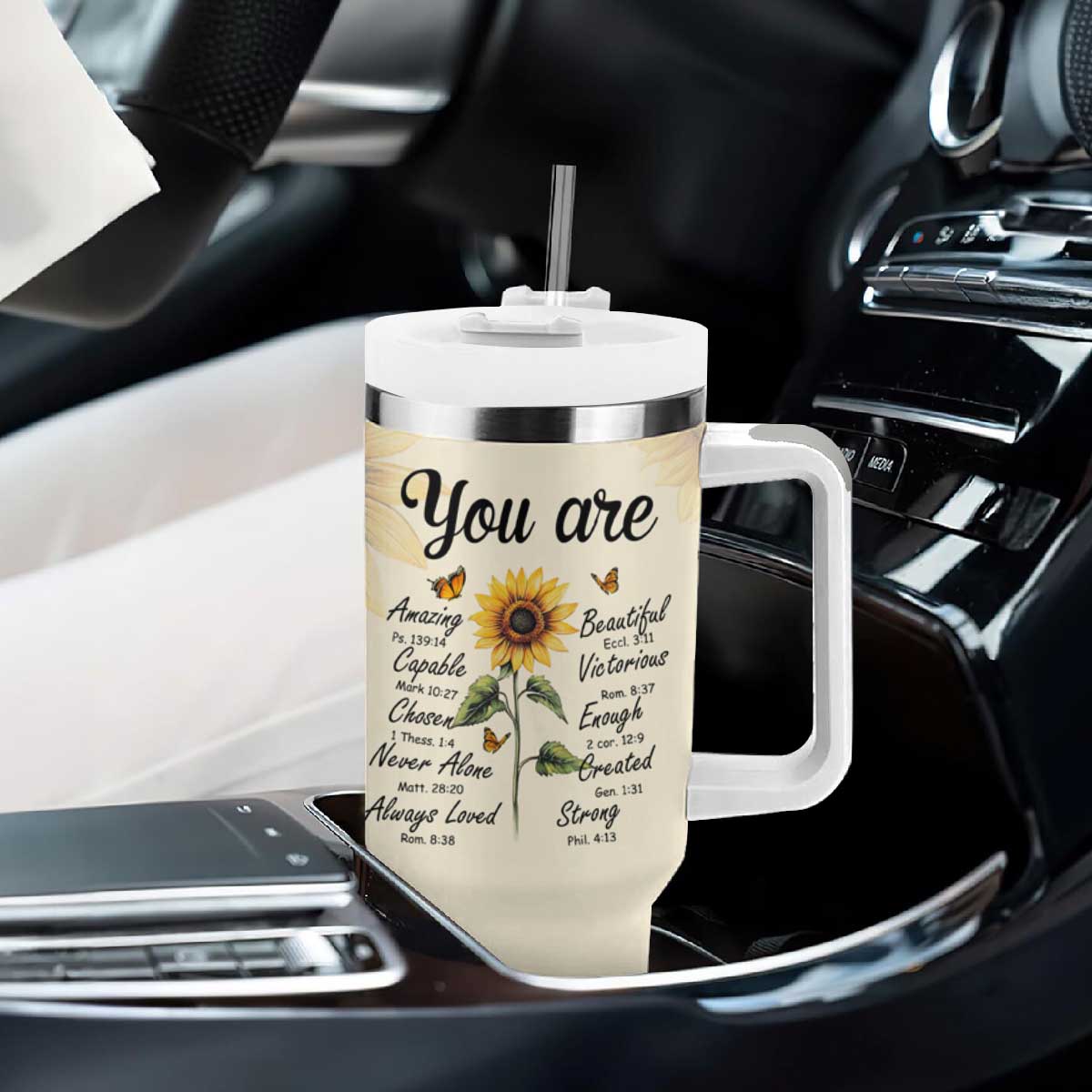 Inspirational Quotes Sunflower Tumbler With Handle Christian Faith Religious Encouragement Bible Verse TB02 Print Your Wear