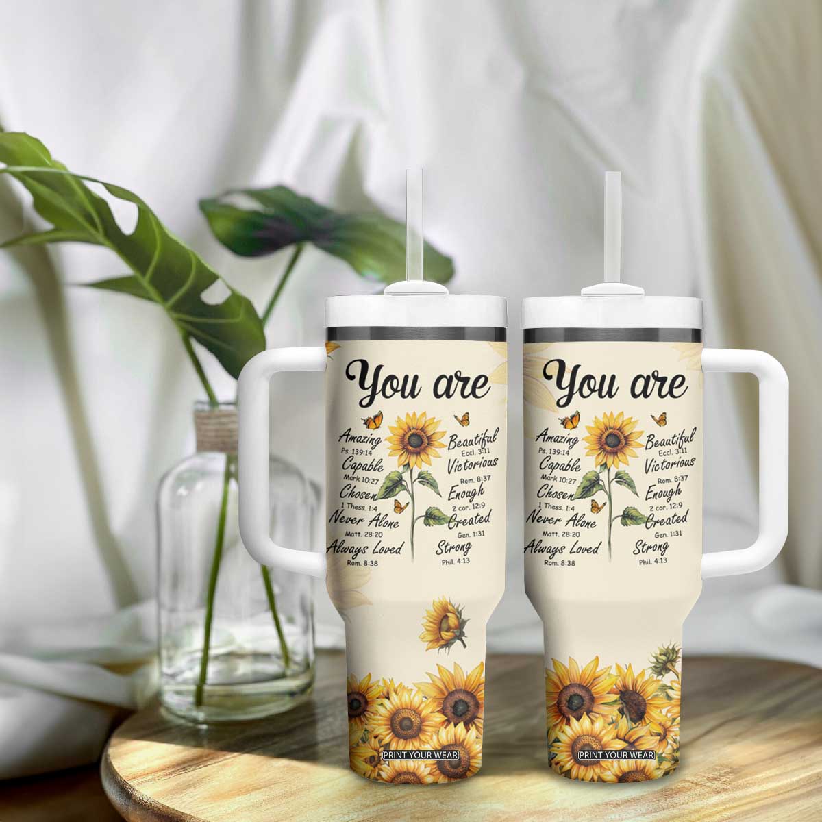 Inspirational Quotes Sunflower Tumbler With Handle Christian Faith Religious Encouragement Bible Verse TB02 Print Your Wear