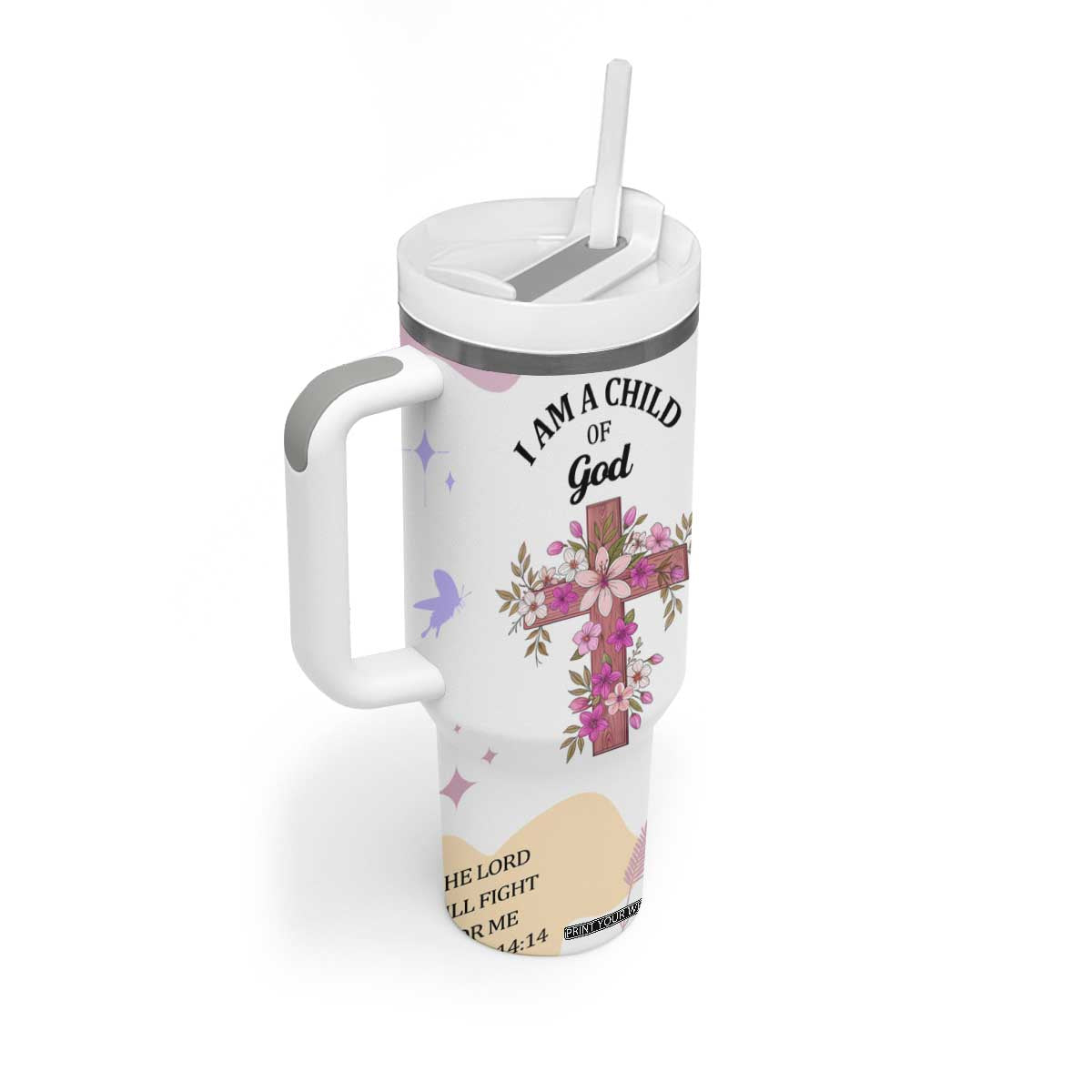 Aesthetic Floral Christian Tumbler With Handle I Am A Child Of God Religious Faith Inspirational Bible Verse TB02 Print Your Wear