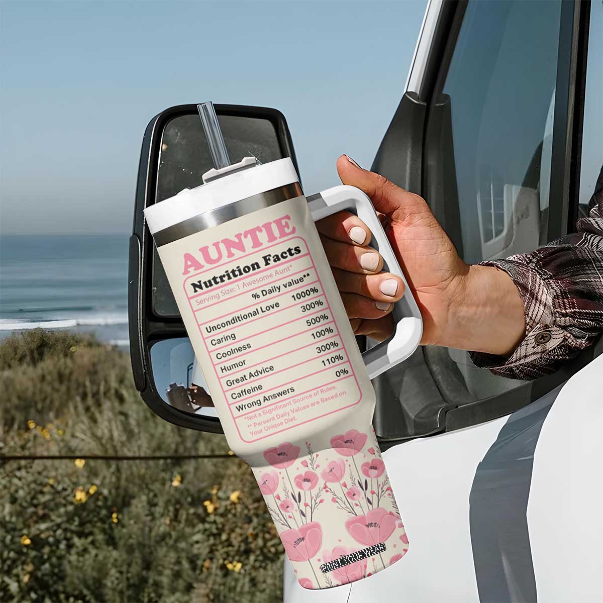 Best Aunt Ever Floral Tumbler With Handle Funny Dinosaur Auntie Nutrition Facts Cute Rex Aunts Gift TB02 Print Your Wear