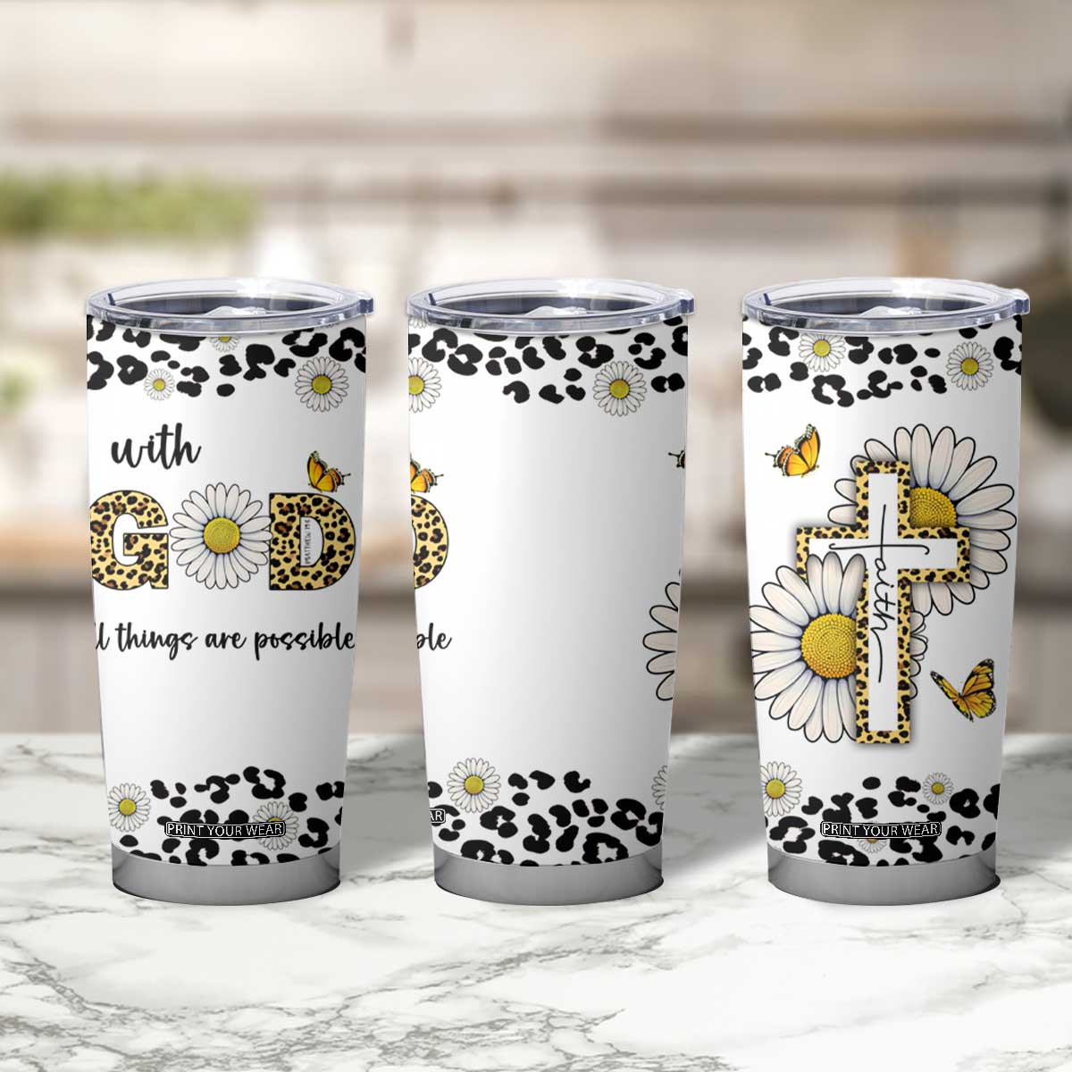 Christian Faith Daisy Leopard Tumbler Cup With God All Things Are Possible Inspirational Bible Verse Religious Gifts TB02 Print Your Wear
