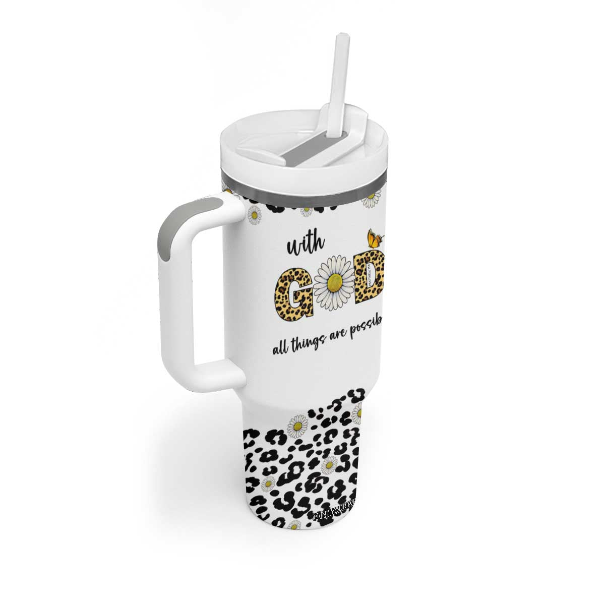 Christian Faith Daisy Leopard Tumbler With Handle With God All Things Are Possible Inspirational Bible Verse Religious Gifts TB02 Print Your Wear