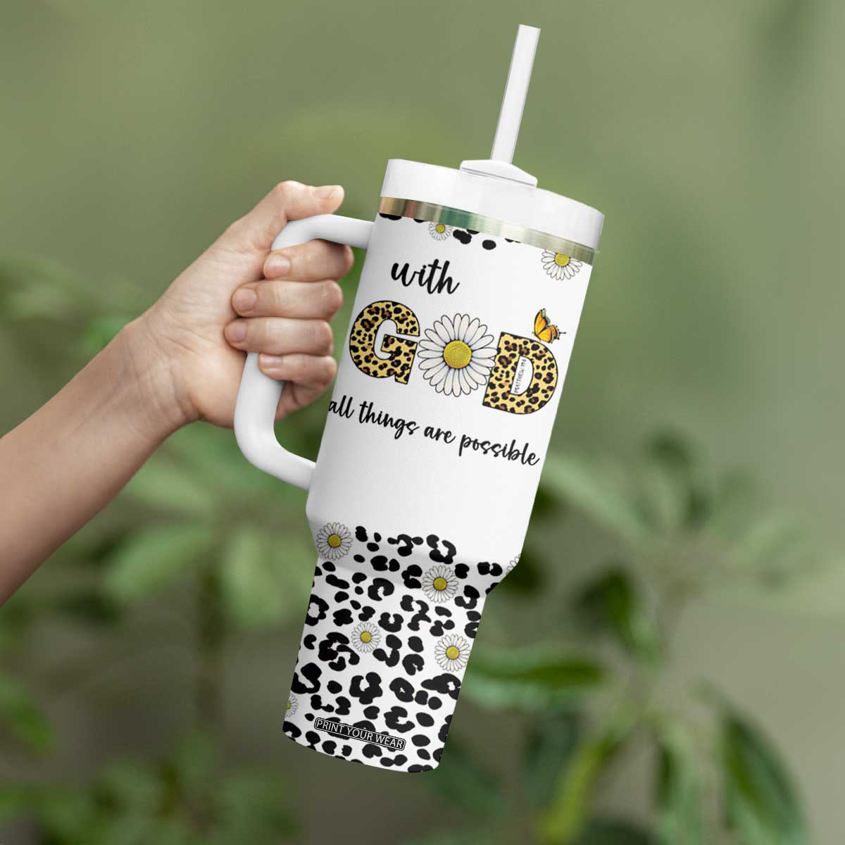 Christian Faith Daisy Leopard Tumbler With Handle With God All Things Are Possible Inspirational Bible Verse Religious Gifts TB02 Print Your Wear