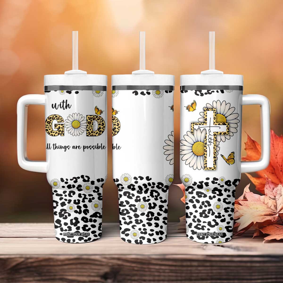 Christian Faith Daisy Leopard Tumbler With Handle With God All Things Are Possible Inspirational Bible Verse Religious Gifts TB02 Print Your Wear