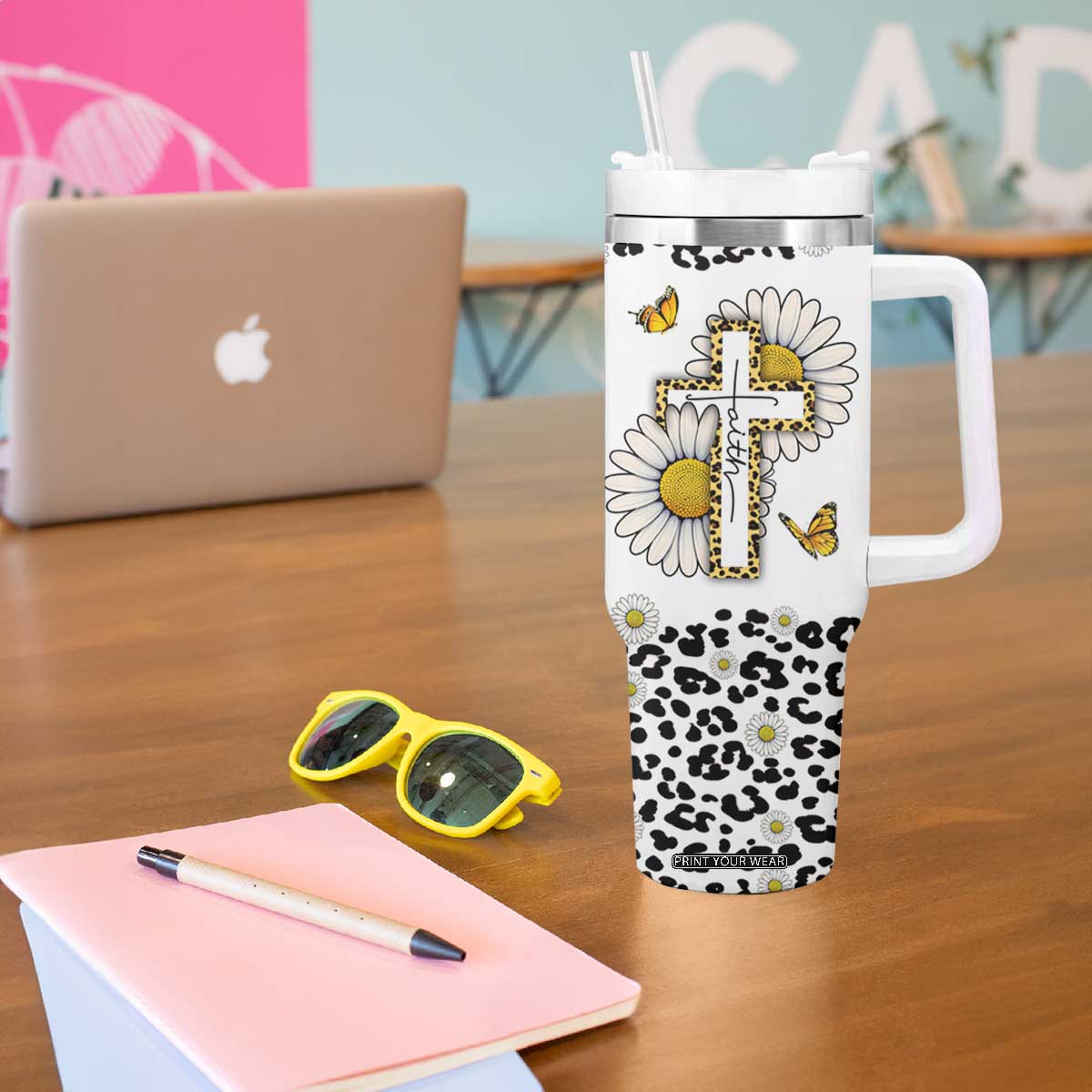 Christian Faith Daisy Leopard Tumbler With Handle With God All Things Are Possible Inspirational Bible Verse Religious Gifts TB02 Print Your Wear